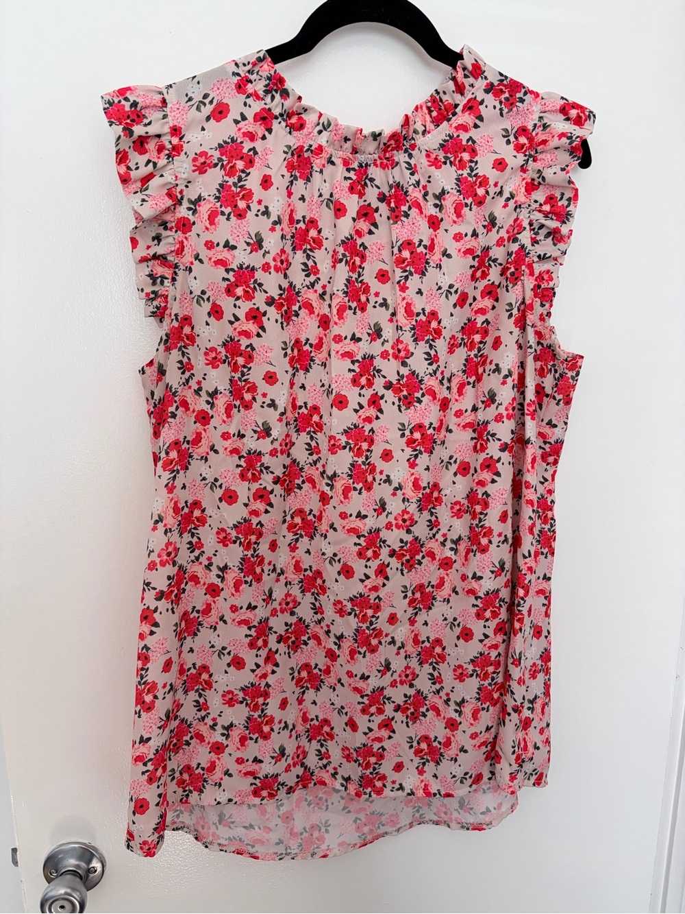 Women’s XL Pink Red Floral Blouse Ruffle Sleeve High Neck Cottagecore Top